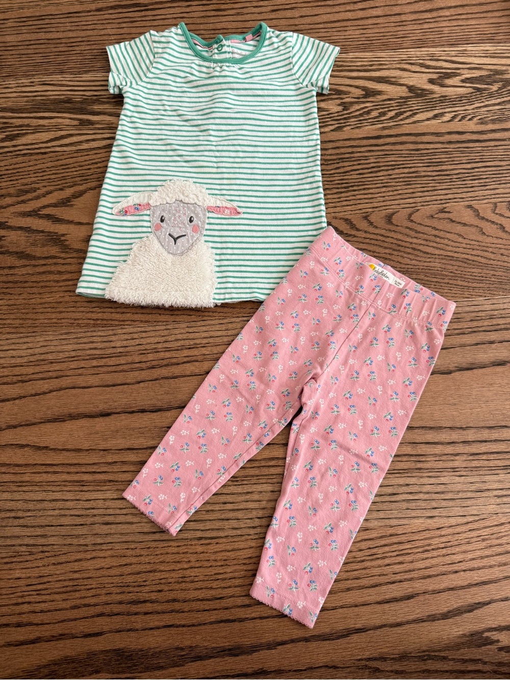 Mini Boden Pink Floral Leggings with Green Stripe Lamb Top Set